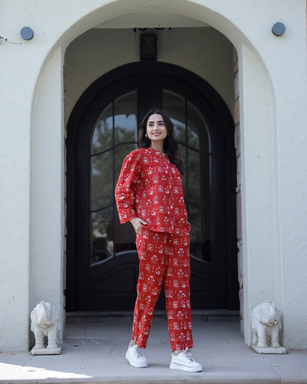 Carmine red Cotton Night Suit Set - SanskrutiHomes 