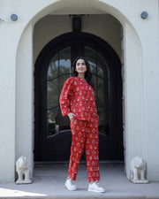 Carmine red Cotton Night Suit Set - SanskrutiHomes 