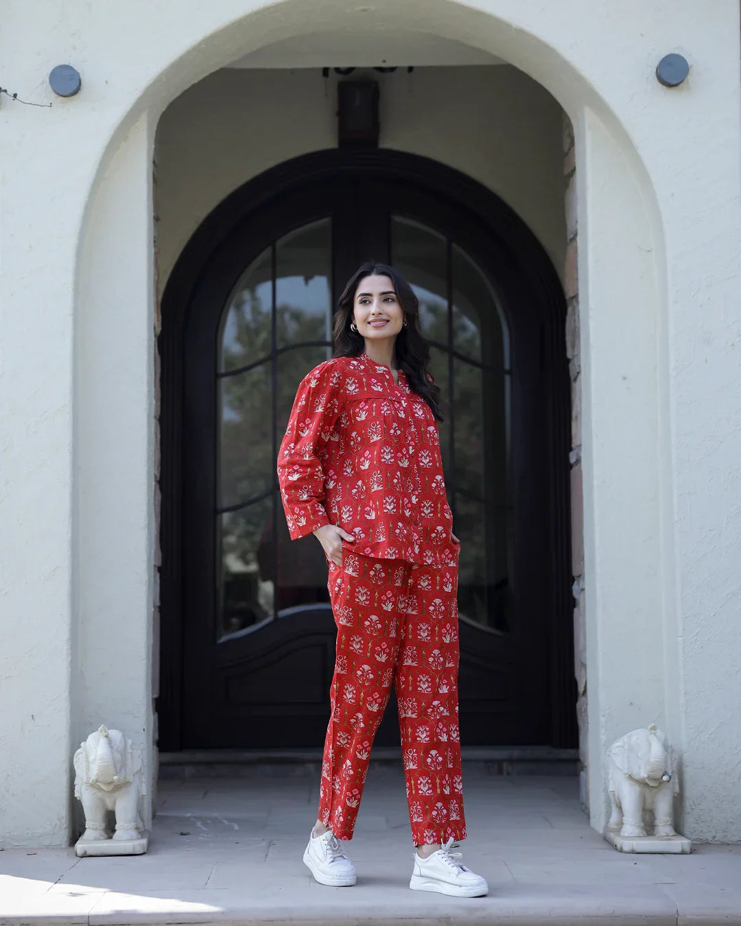 Carmine red Cotton Night Suit Set - SanskrutiHomes 