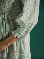 Green Round Neck Floral Print Flared Dress For Women