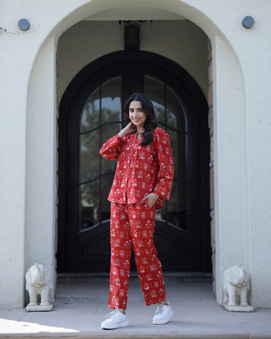 Carmine red Cotton Night Suit Set - SanskrutiHomes 