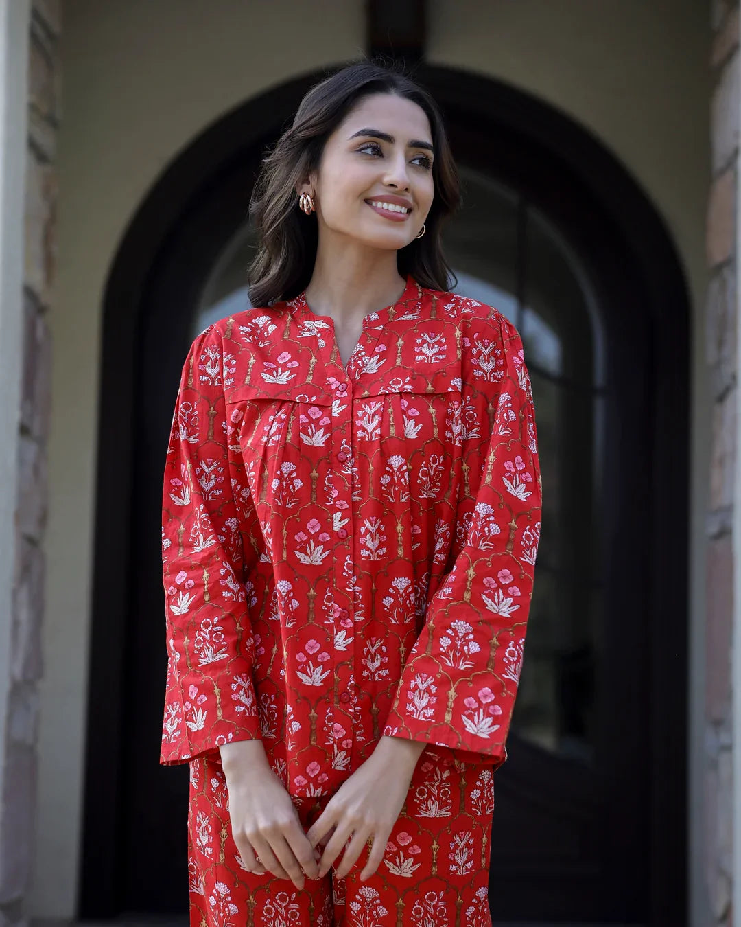 Carmine red Cotton Night Suit Set - SanskrutiHomes 