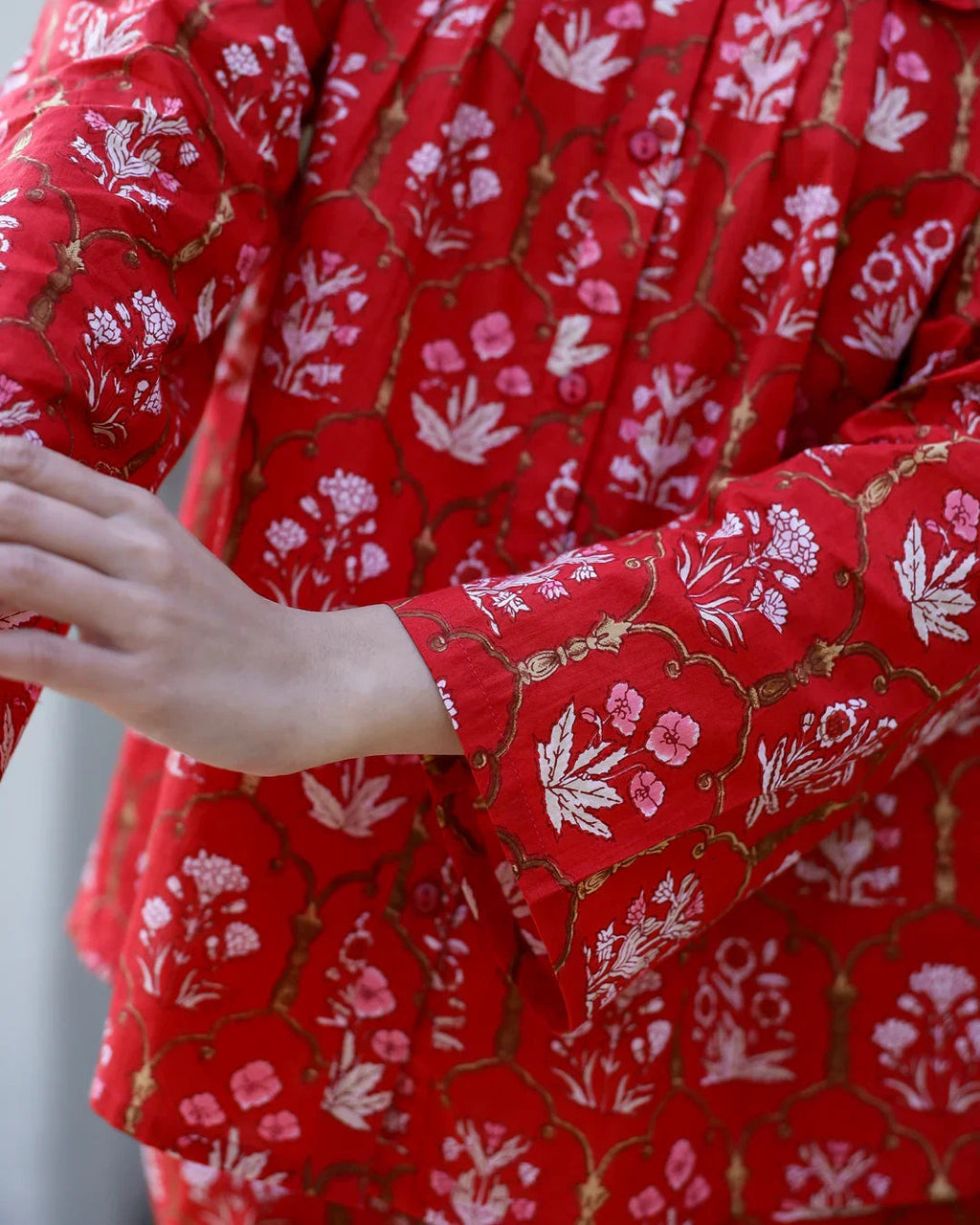 Carmine red Cotton Night Suit Set - SanskrutiHomes 