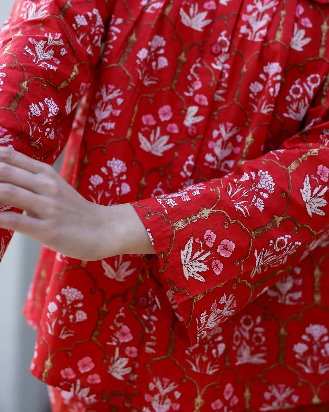 Carmine red Cotton Night Suit Set - SanskrutiHomes 