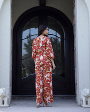 Red V-Neck Abstract Print Pure Cotton Night Suit For Women