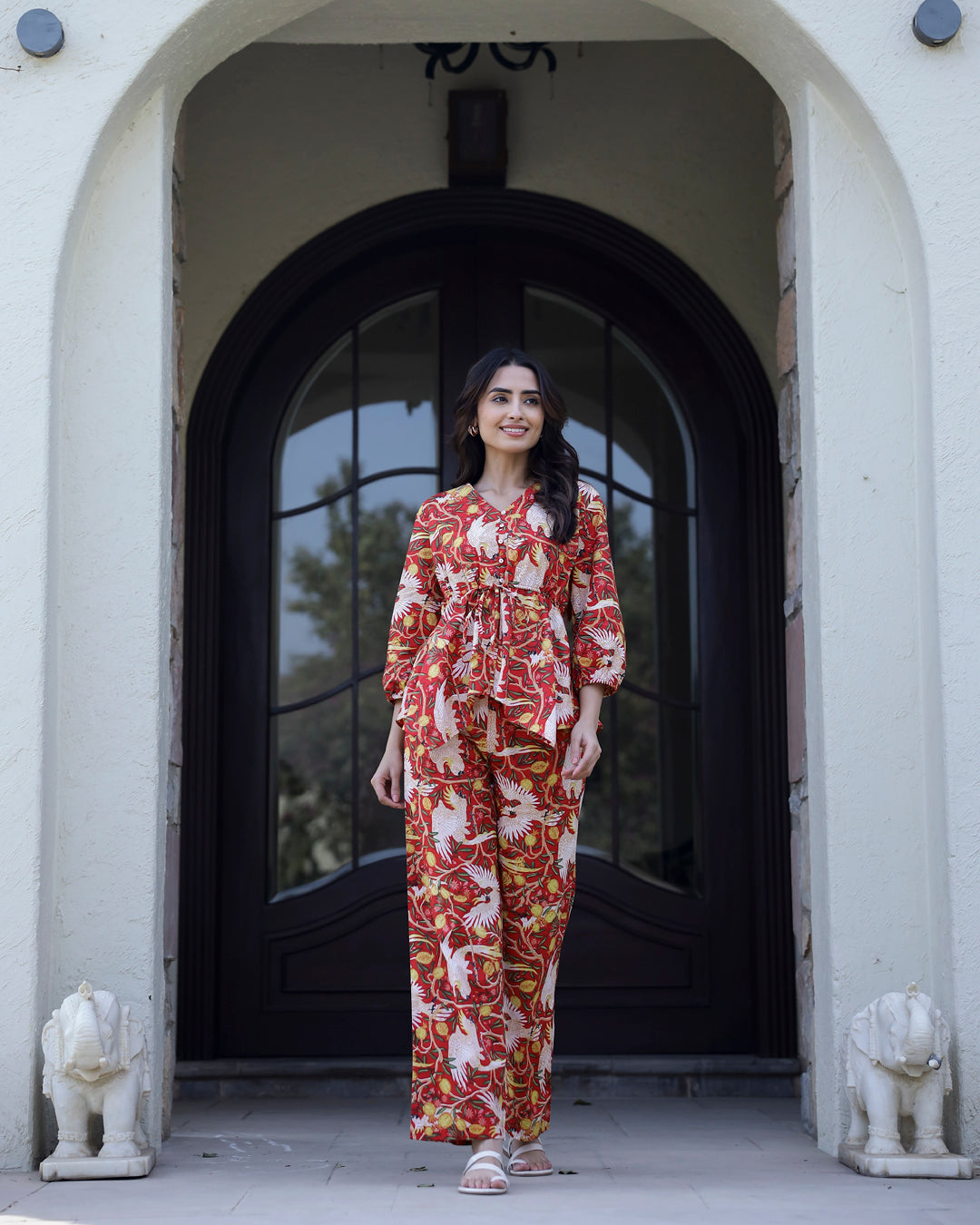Red V-Neck Abstract Print Pure Cotton Night Suit For Women