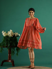 Orange Printed Dress For Women
