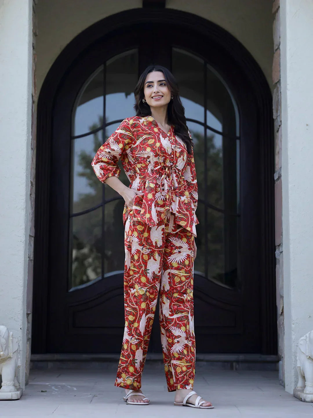 Red Pure Cotton Night Suit Set - SanskrutiHomes 