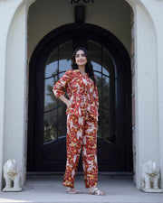 Red V-Neck Abstract Print Pure Cotton Night Suit For Women