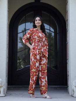 Red Pure Cotton Night Suit Set - SanskrutiHomes 