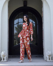Red V-Neck Abstract Print Pure Cotton Night Suit For Women