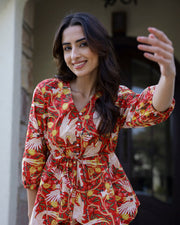 Red V-Neck Abstract Print Pure Cotton Night Suit For Women
