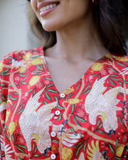 Red V-Neck Abstract Print Pure Cotton Night Suit For Women