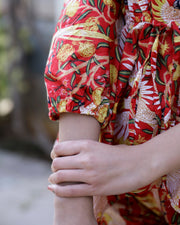 Red V-Neck Abstract Print Pure Cotton Night Suit For Women