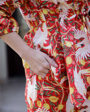 Red V-Neck Abstract Print Pure Cotton Night Suit For Women