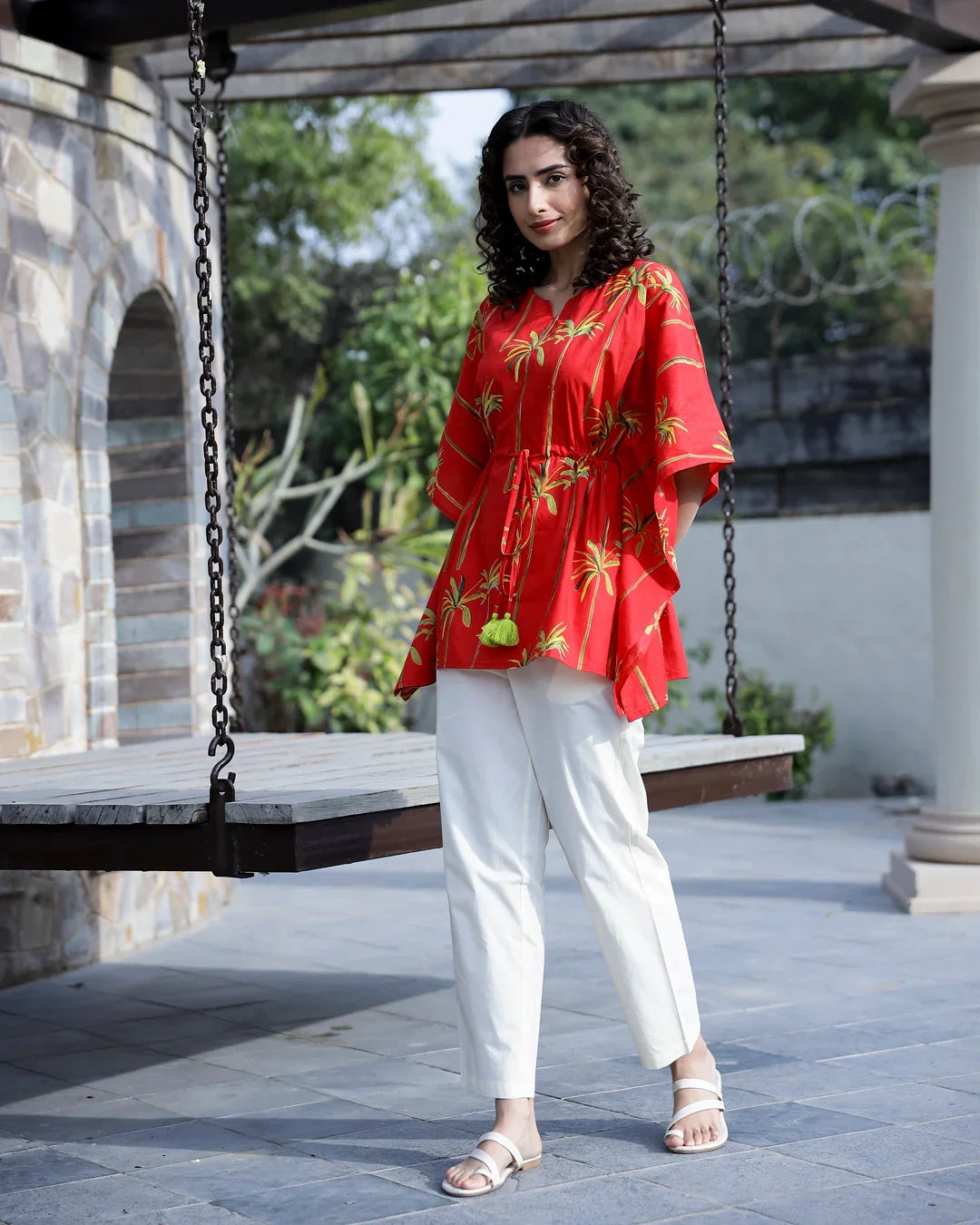 Red Pure Cotton Kaftan Set - SanskrutiHomes 