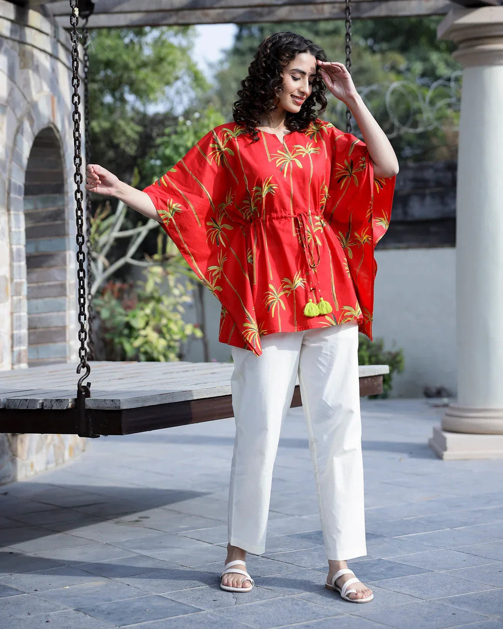 Red Pure Cotton Kaftan Set - SanskrutiHomes 