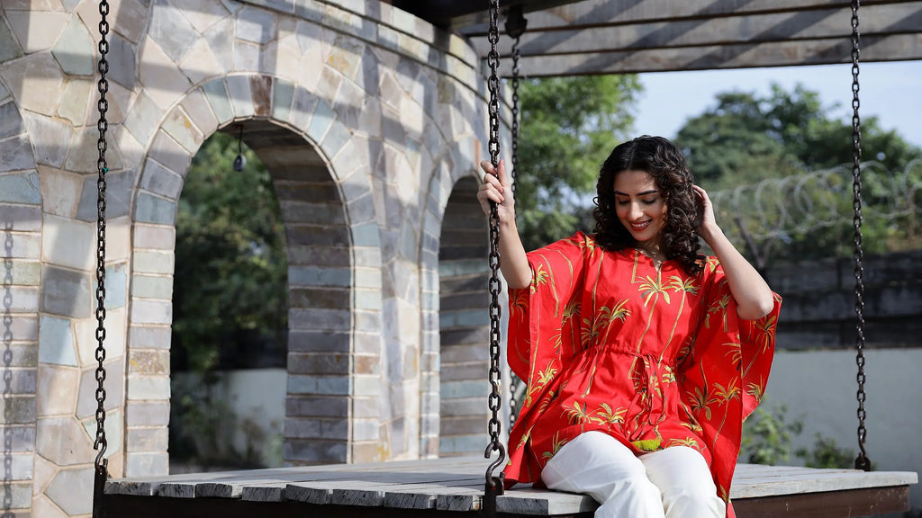 Red Pure Cotton Kaftan Set - SanskrutiHomes 