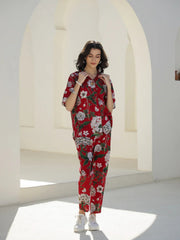 Red Floral Printed Cotton Night Suit - SanskrutiHomes 