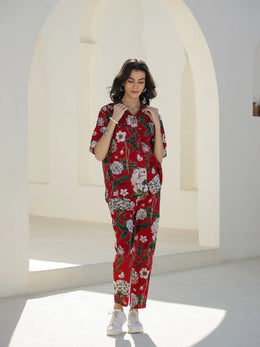 Red Floral Printed Cotton Night Suit - SanskrutiHomes 