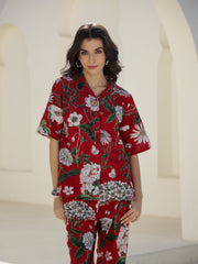 Red Floral Printed Cotton Night Suit - SanskrutiHomes 