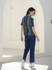 Blue Mandarin Neck Abstract Print Pure Cotton Night Suit For Women