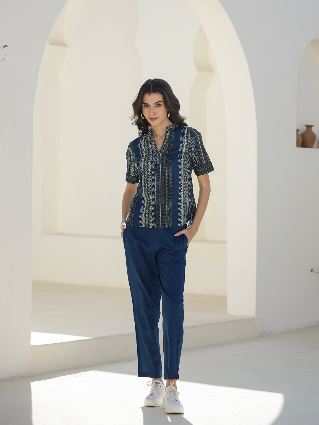Blue Mandarin Neck Abstract Print Pure Cotton Night Suit For Women