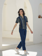 Blue Mandarin Neck Abstract Print Pure Cotton Night Suit For Women