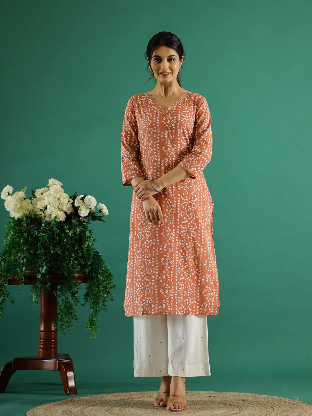 Orange White Dotted Printed Cotton Kurta - SanskrutiHomes 