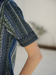 Blue Mandarin Neck Abstract Print Pure Cotton Night Suit For Women