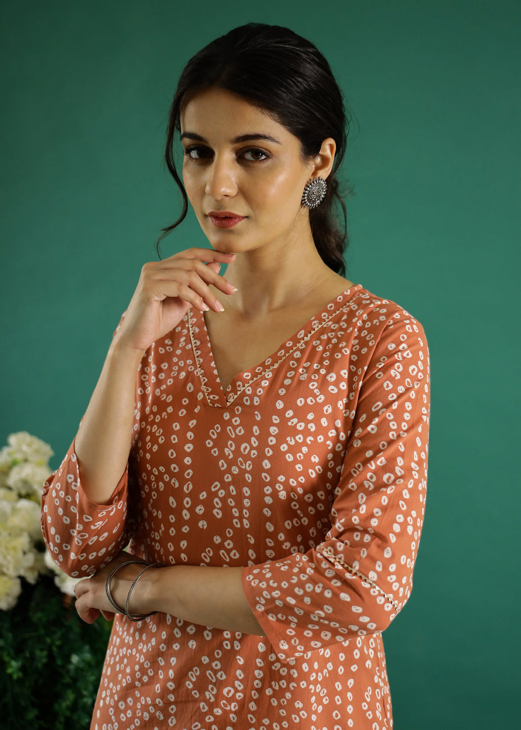 Orange White Dotted Printed Cotton Kurta - SanskrutiHomes 
