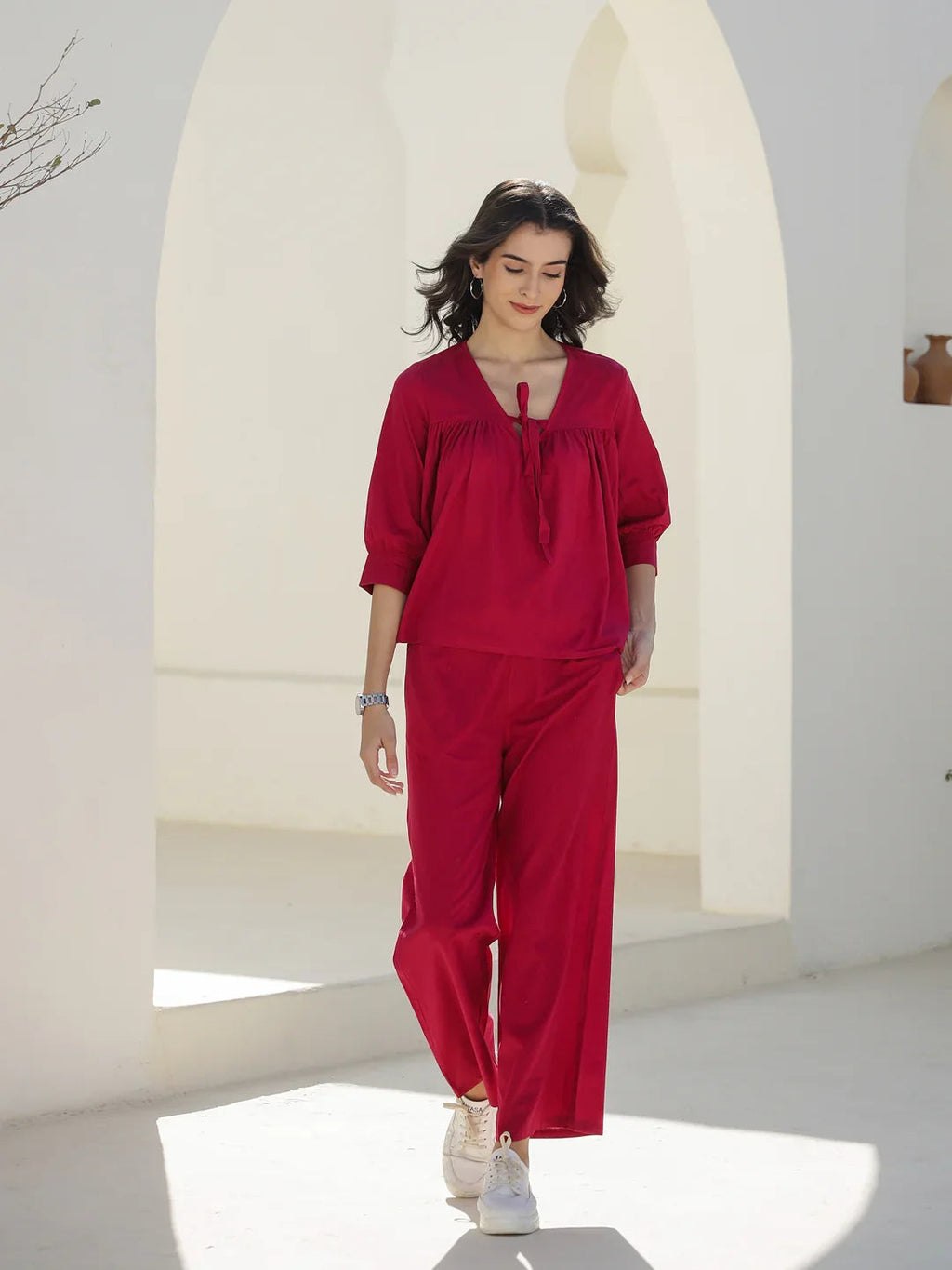 Pink Solid Print V-Neck Co-ords Set - SanskrutiHomes 