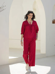 Pink Solid Print V-Neck Co-ords Set - SanskrutiHomes 