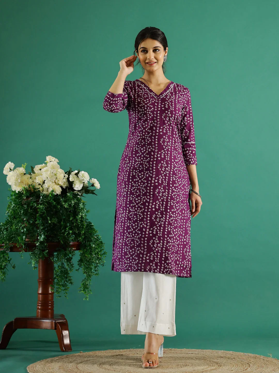 Purple White Dotted Printed Cotton Kurta - SanskrutiHomes 