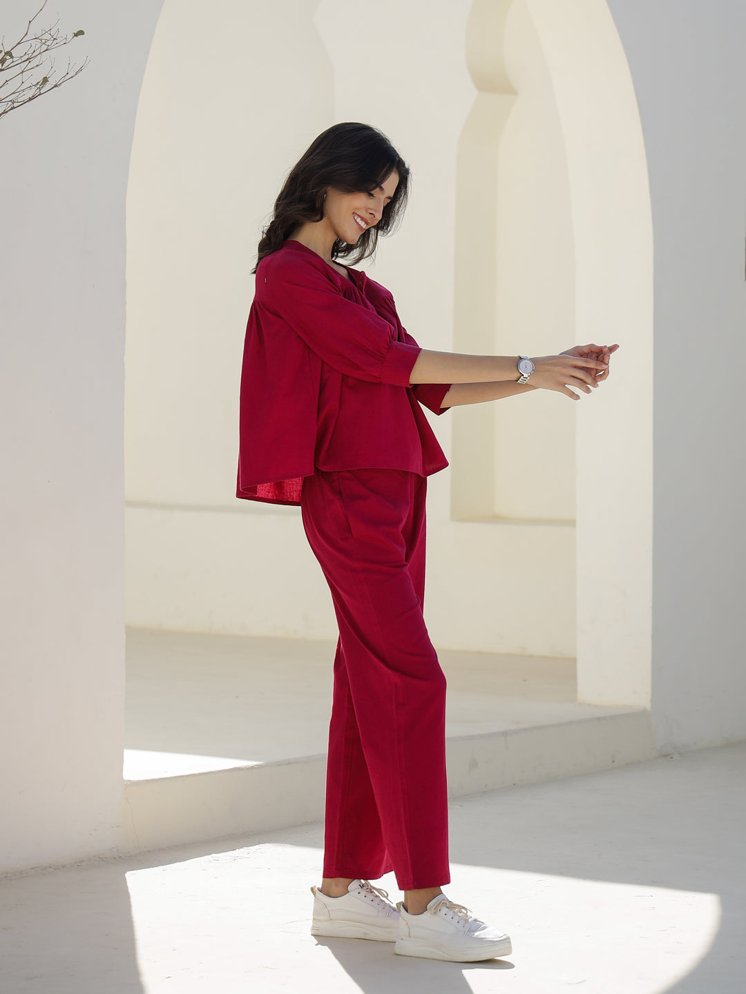 Pink Solid Print V-Neck Co-ords Set - SanskrutiHomes 