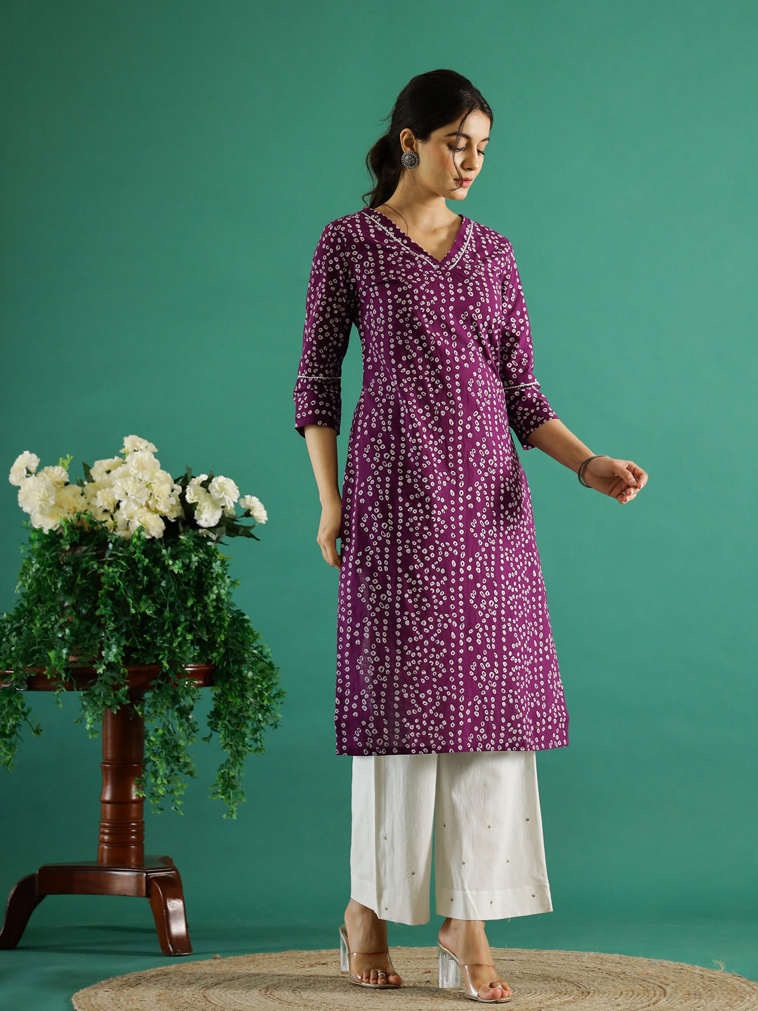 Purple White Dotted Printed Cotton Kurta - SanskrutiHomes 