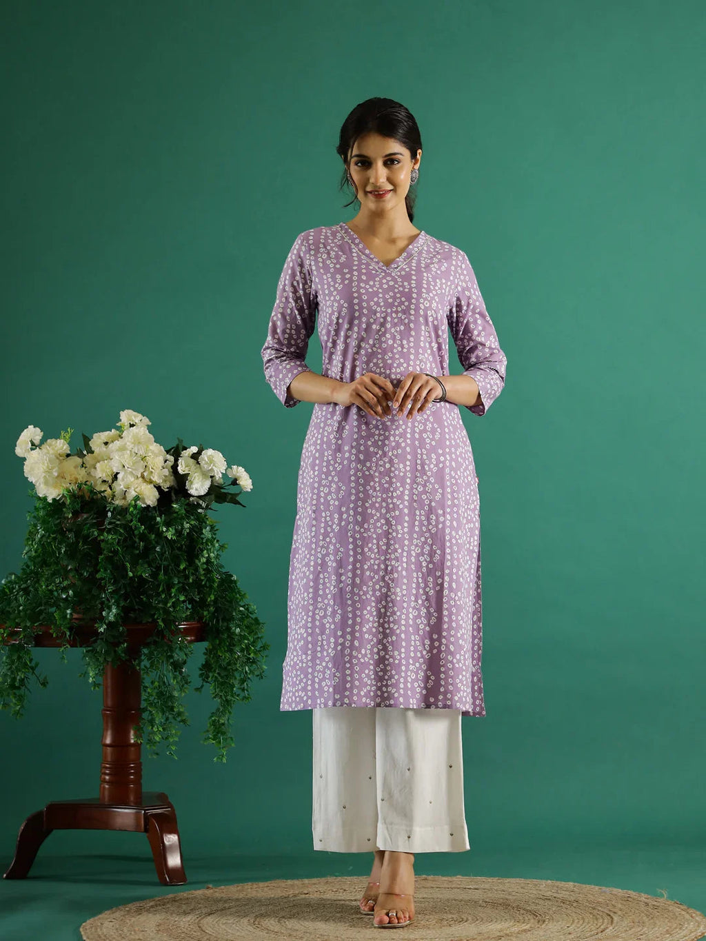 Lavender White Dotted Printed Cotton Kurta - SanskrutiHomes 