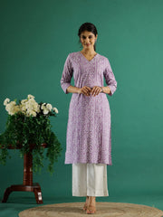 Lavender White Dotted Printed Cotton Kurta - SanskrutiHomes 