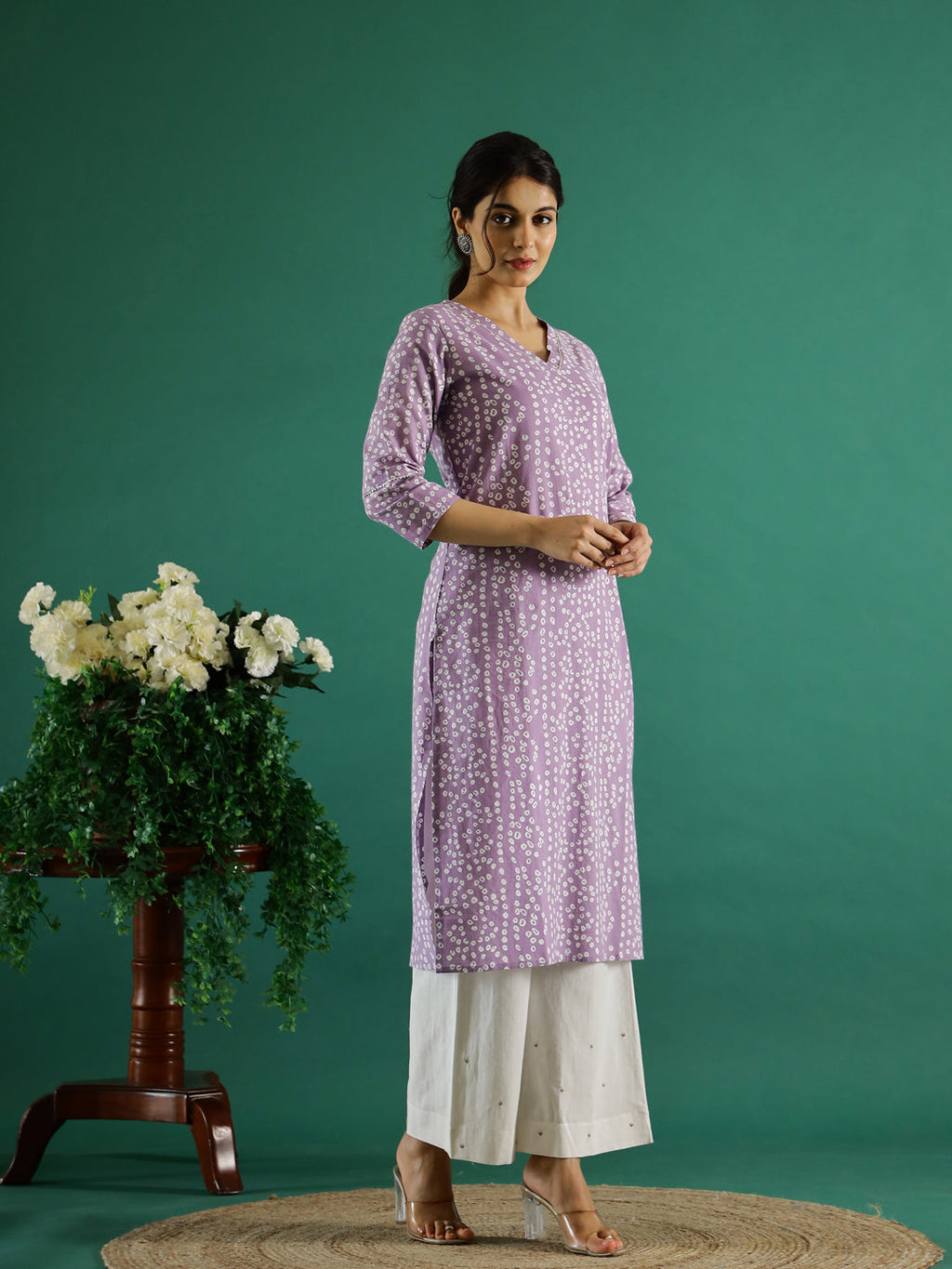 Lavender White Dotted Printed Cotton Kurta - SanskrutiHomes 
