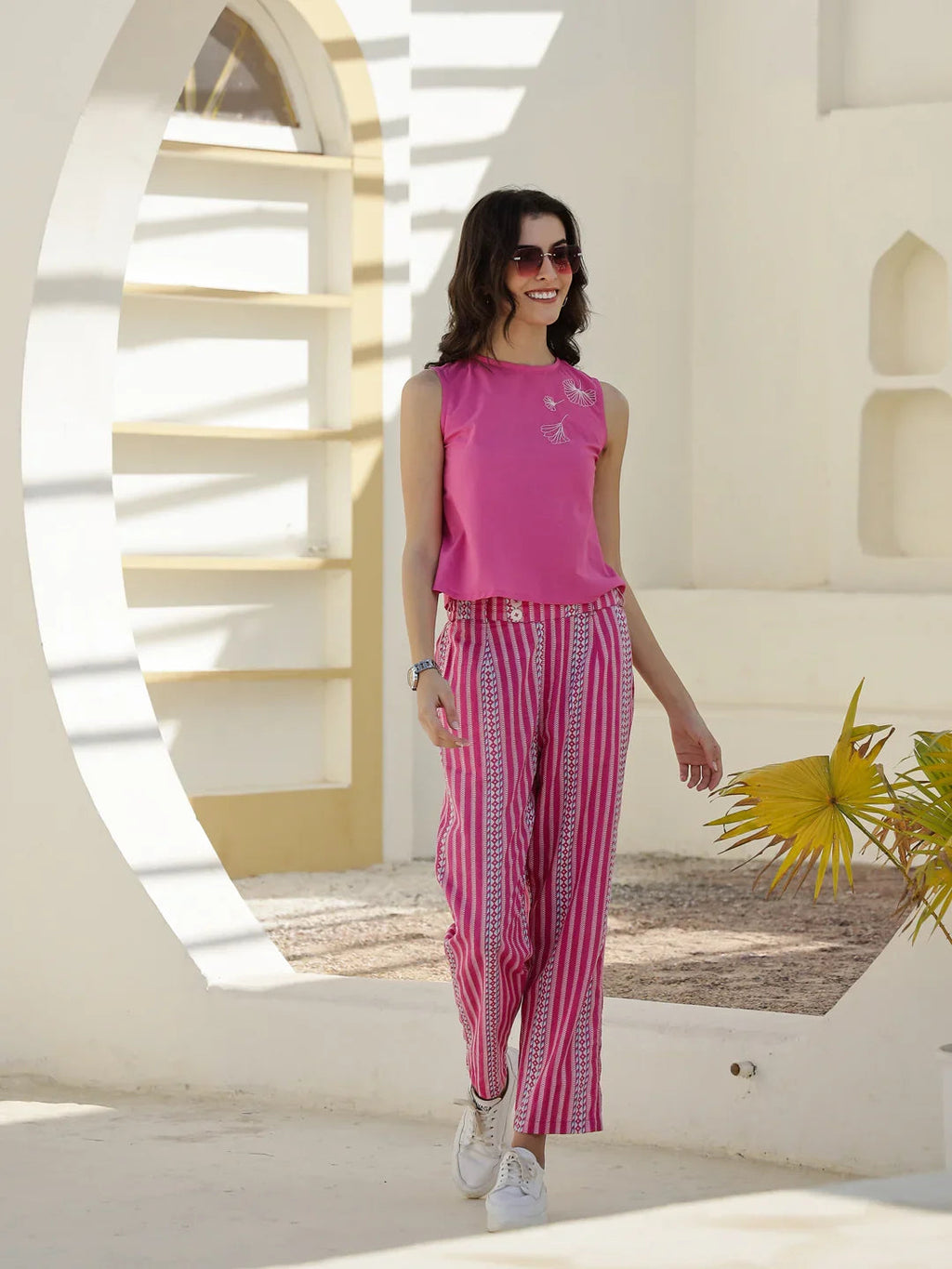 Pink Round Neck Cotton Night Suit - SanskrutiHomes 