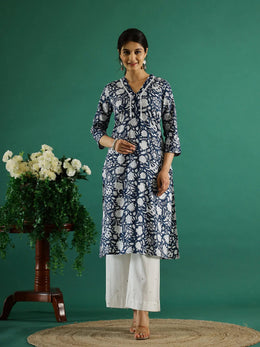 Floral Printed V-Neck Kurta for Women - SanskrutiHomes 