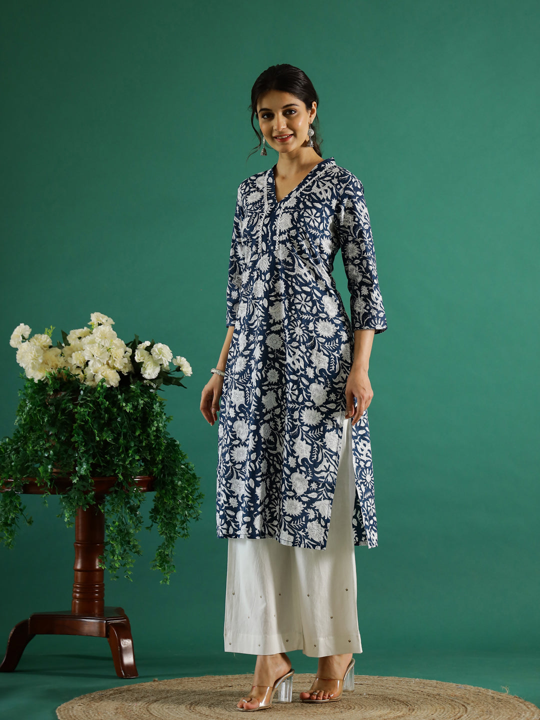 Floral Printed V-Neck Kurta for Women - SanskrutiHomes 