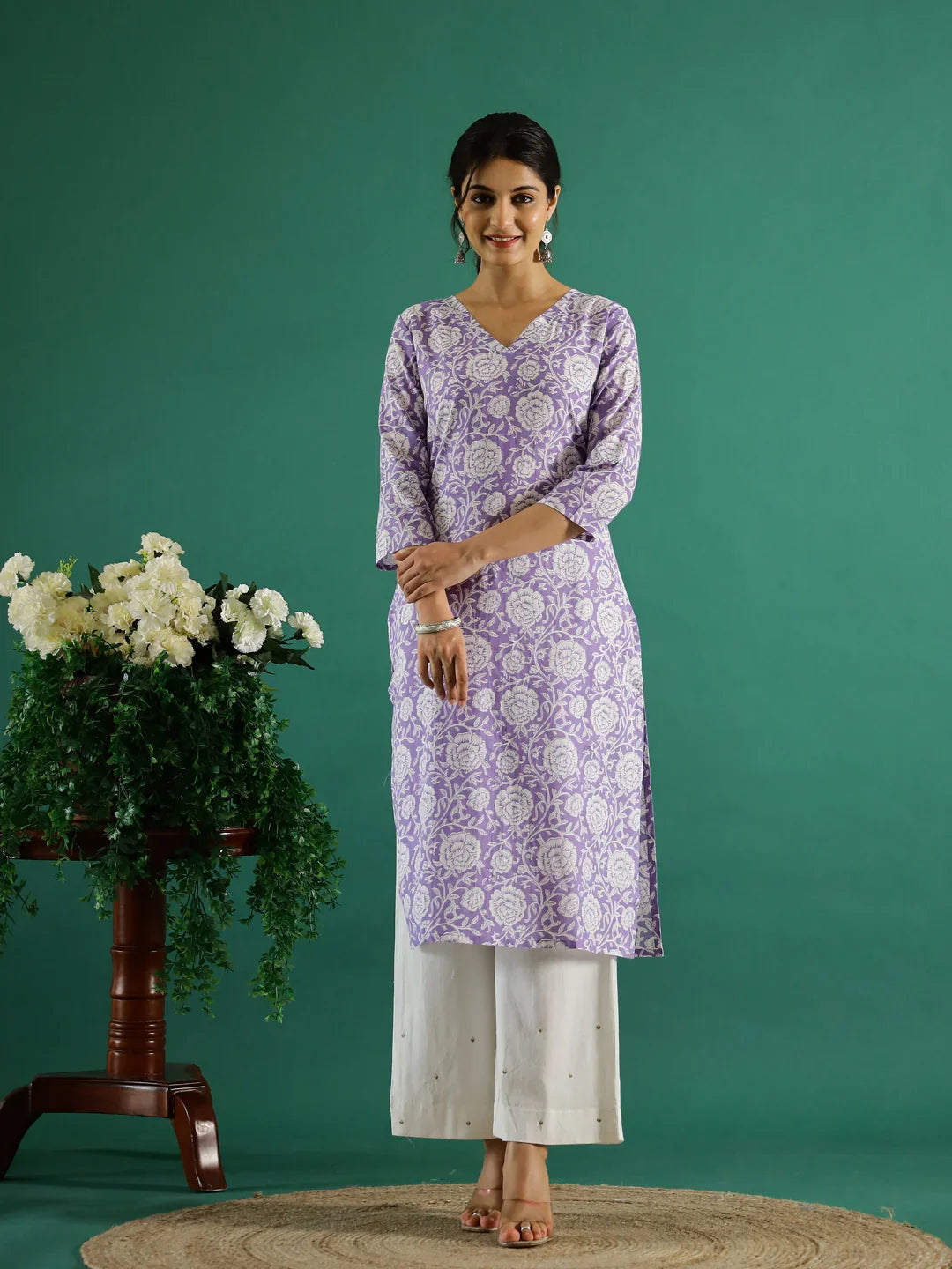 Lavender Flower Printed Cotton Kurta - SanskrutiHomes 
