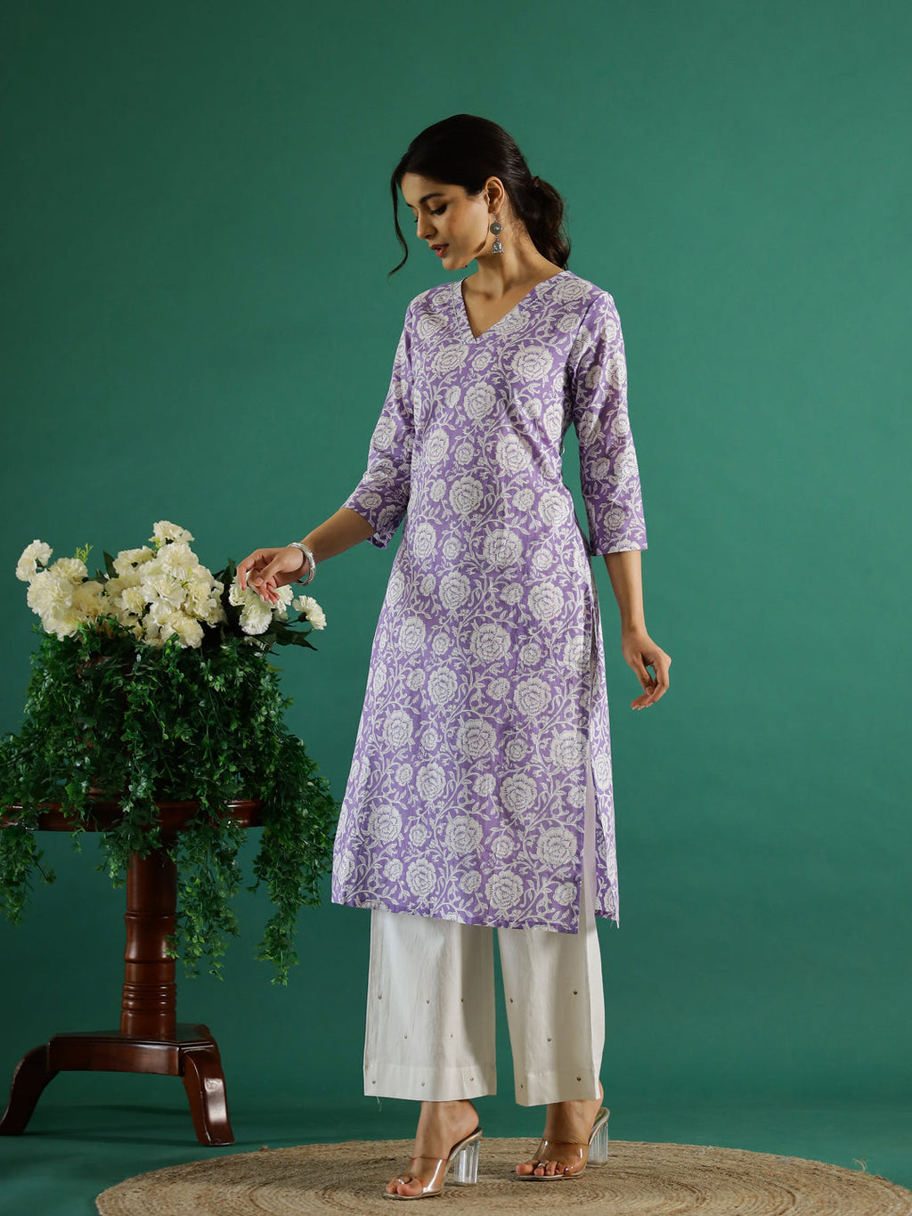 Lavender Flower Printed Cotton Kurta - SanskrutiHomes 