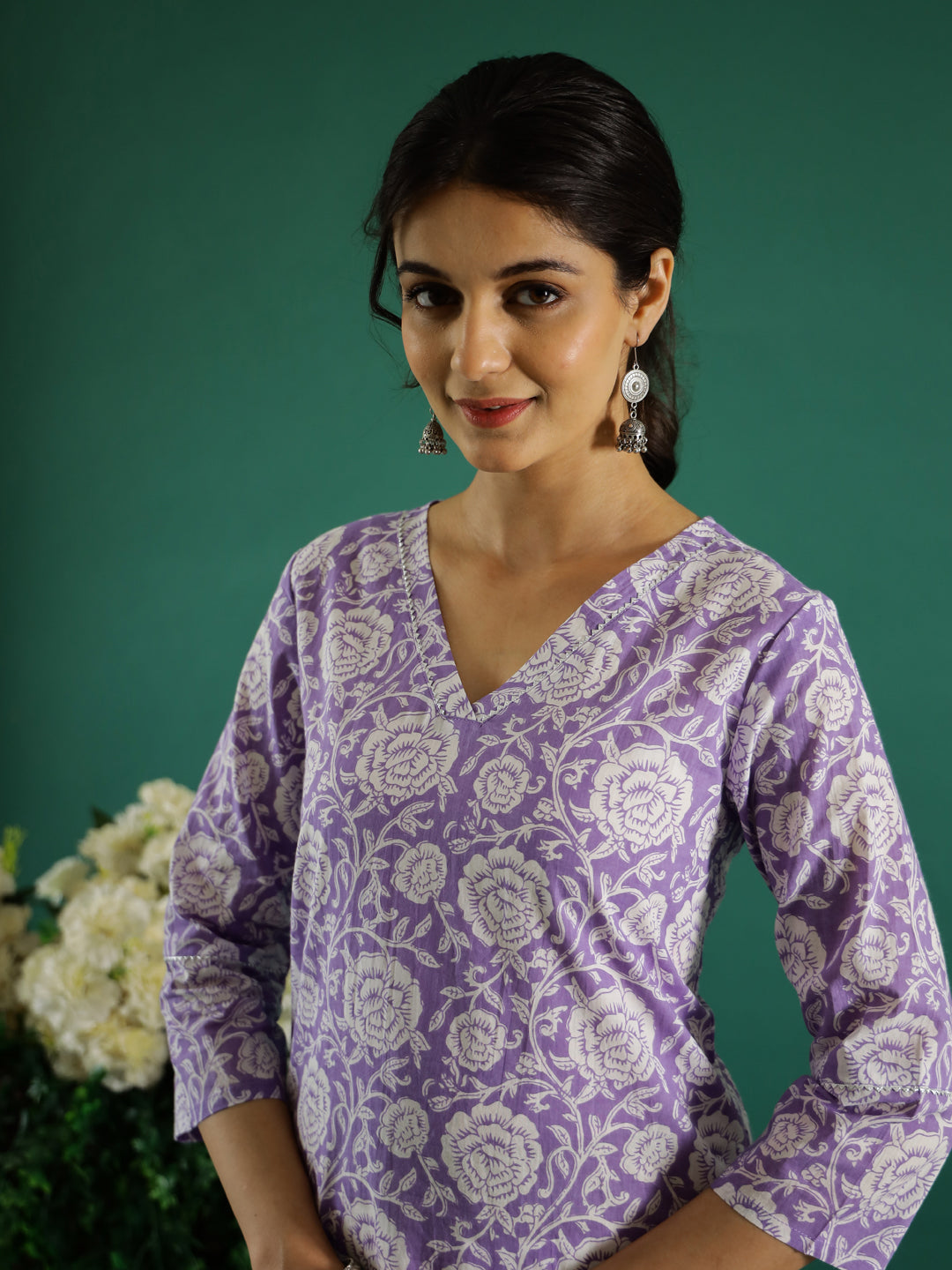 Lavender Flower Printed Cotton Kurta - SanskrutiHomes 