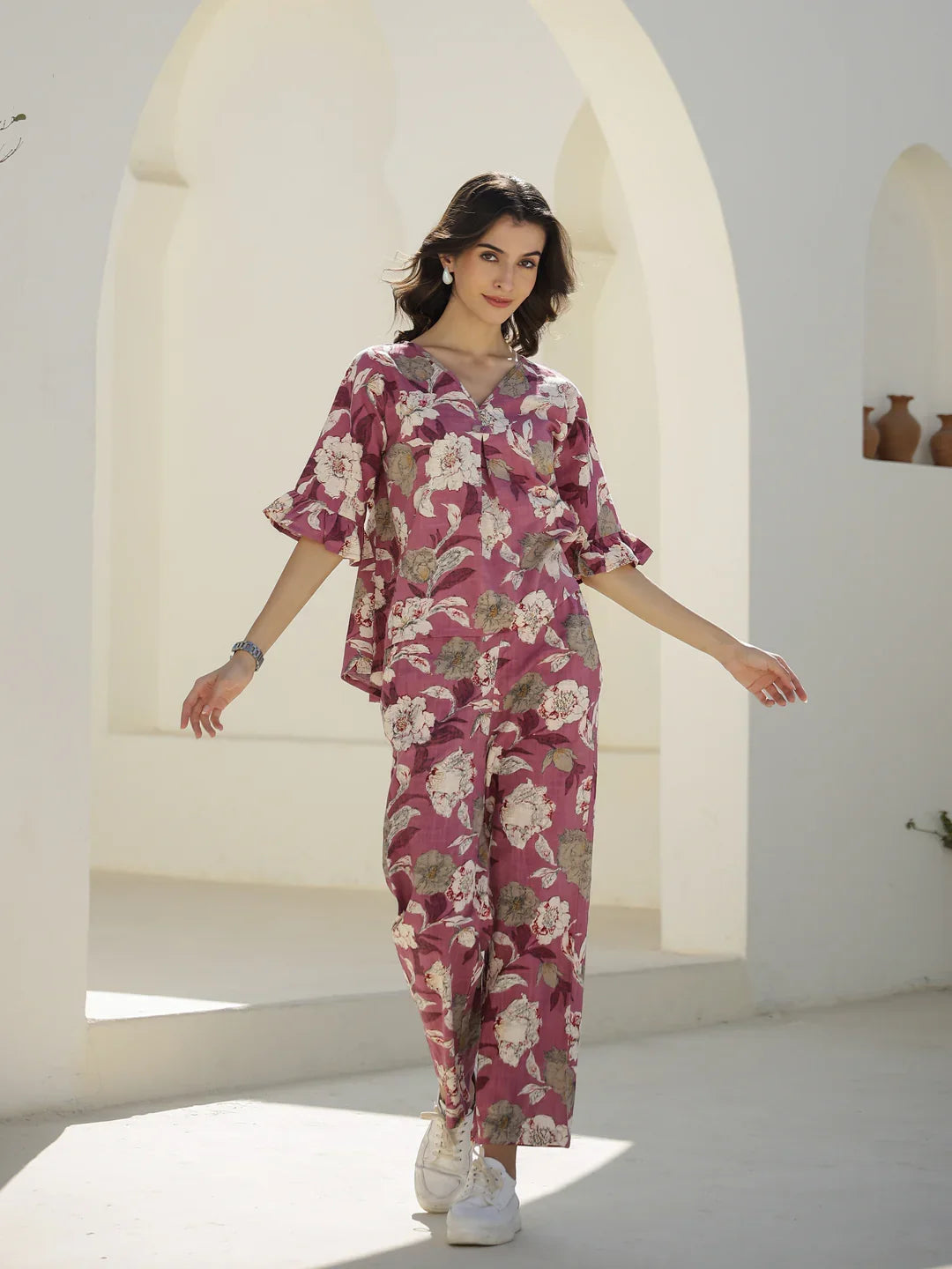 V-Neck Floral Printed Cotton Co-ords Set - SanskrutiHomes 