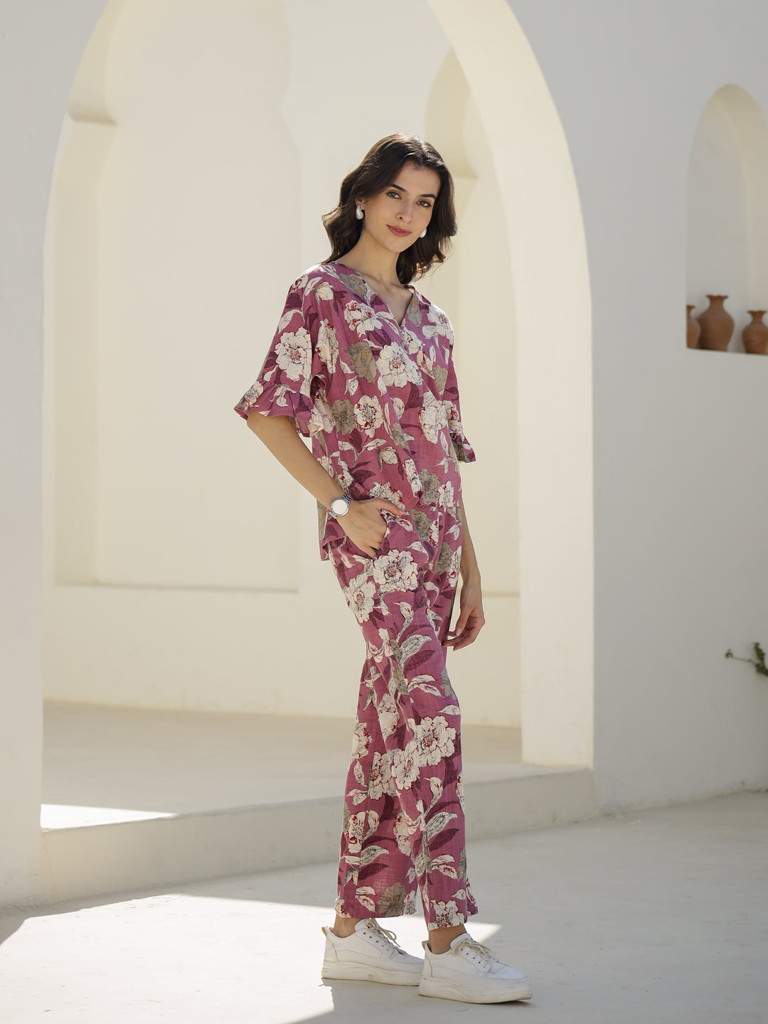 V-Neck Floral Printed Cotton Co-ords Set - SanskrutiHomes 