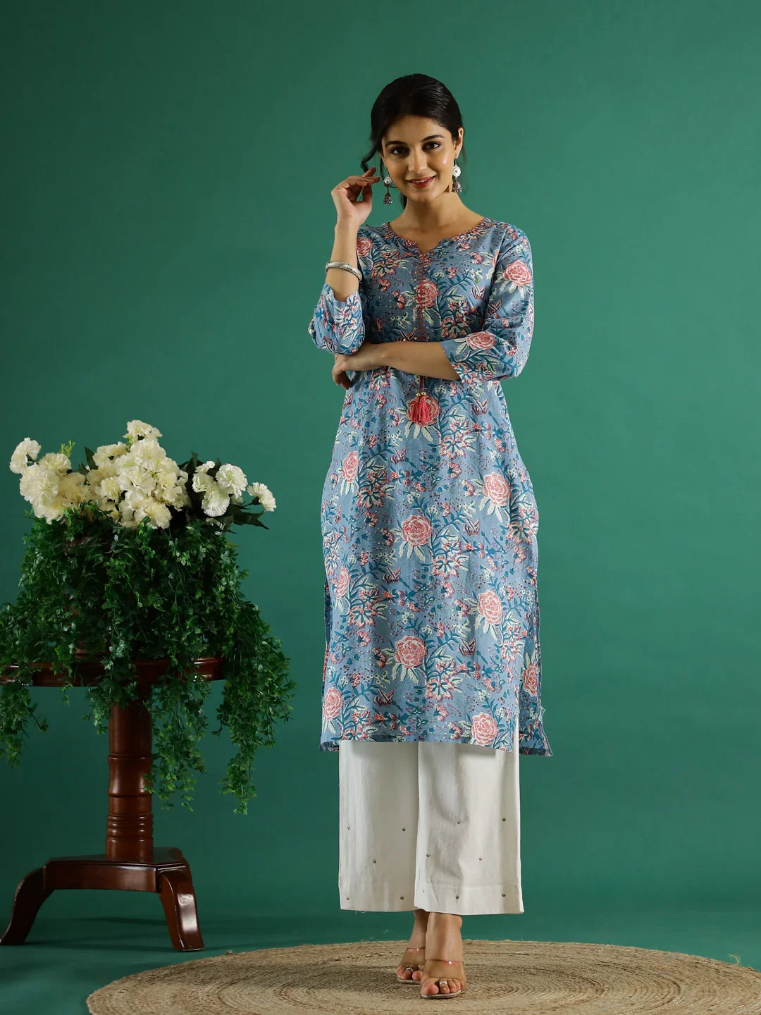 Blue Flower Printed Round Neck Cotton Kurta - SanskrutiHomes 