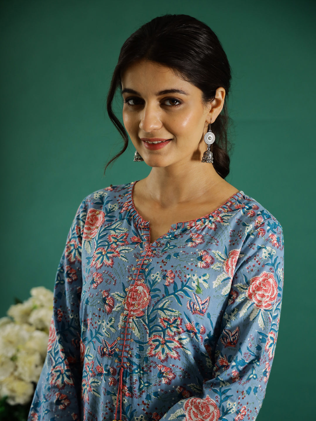 Blue Flower Printed Round Neck Cotton Kurta - SanskrutiHomes 