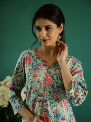 Green Flower Printed Round Neck Cotton Kurta - SanskrutiHomes 